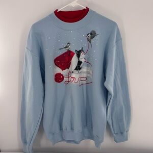 Artisans Vintage Sweatshirt Kitten Cat‎ Blue Holiday Christmas Pullover Size M